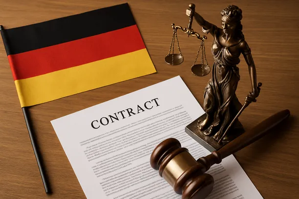 Eine deutsche Flagge, ein Vertrag und eine Justitia-Statue auf einem Schreibtisch.