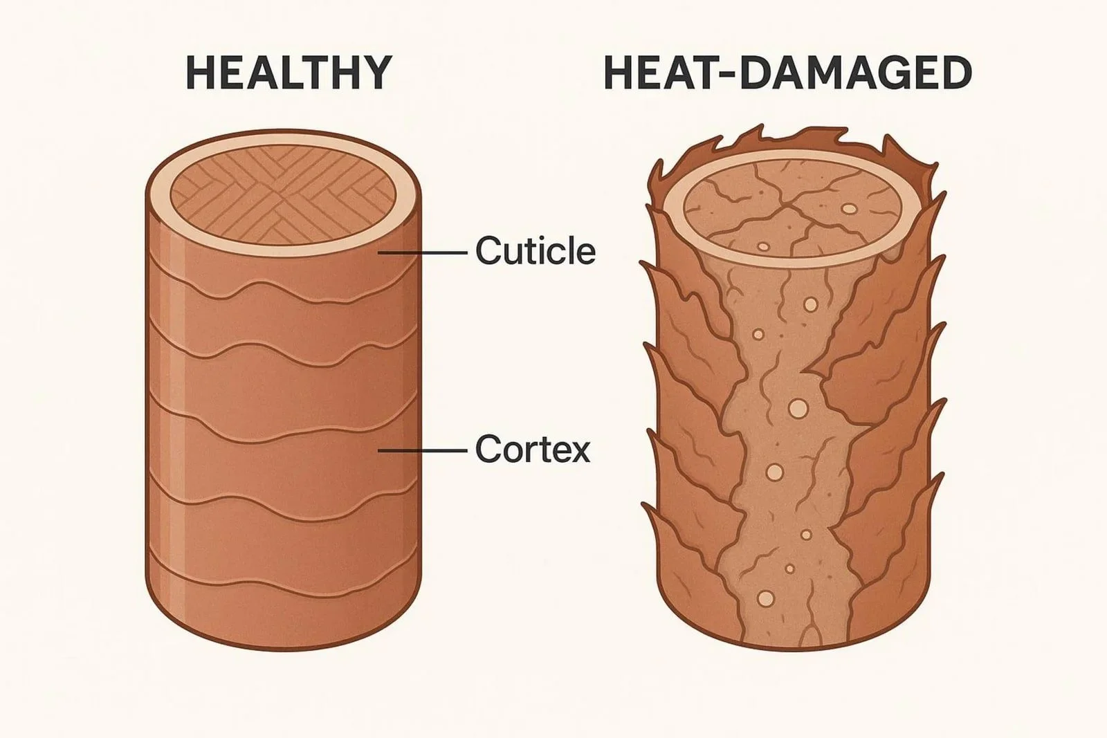 Illustration zweier Keratin-Querschnitte, links gesund, rechts hitzgeschädigt.
