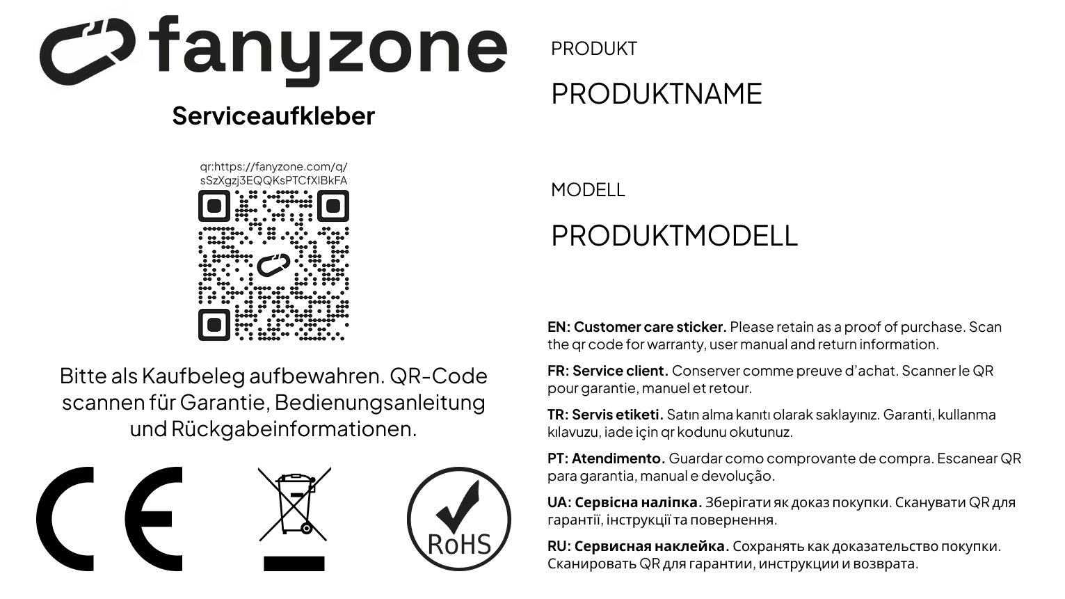 Export des fanyzone Serviceaufklebers mit QR-Code, Produktdetails und CE-, WEEE-, RoHS-Konformitätssymbolen